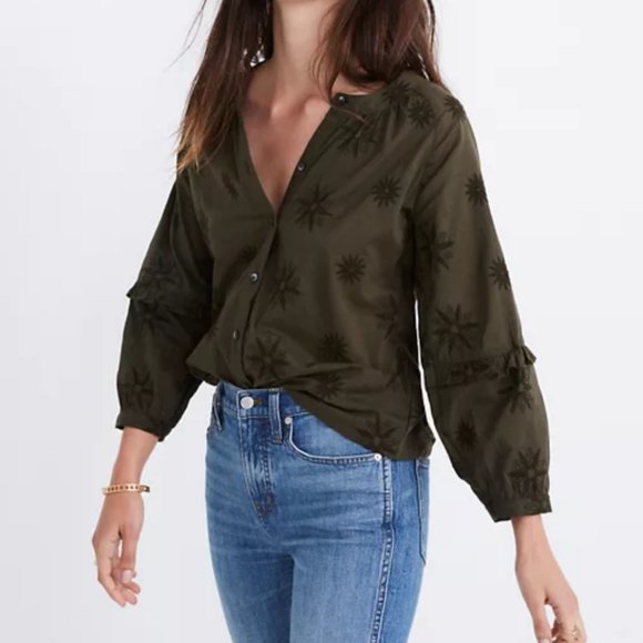 Madewell Tops - MADEWELL Embroidered Bubble Sleeve Shirt Olive Green {JJ20}